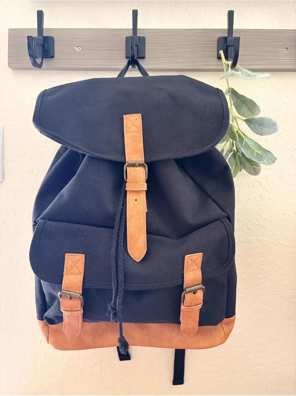 canvas backpack faux leather trim Small Purse Bag Canvas Rucksack Black / Buckled BRASS TACKS Leathercraft Heavy-Duty Waxed